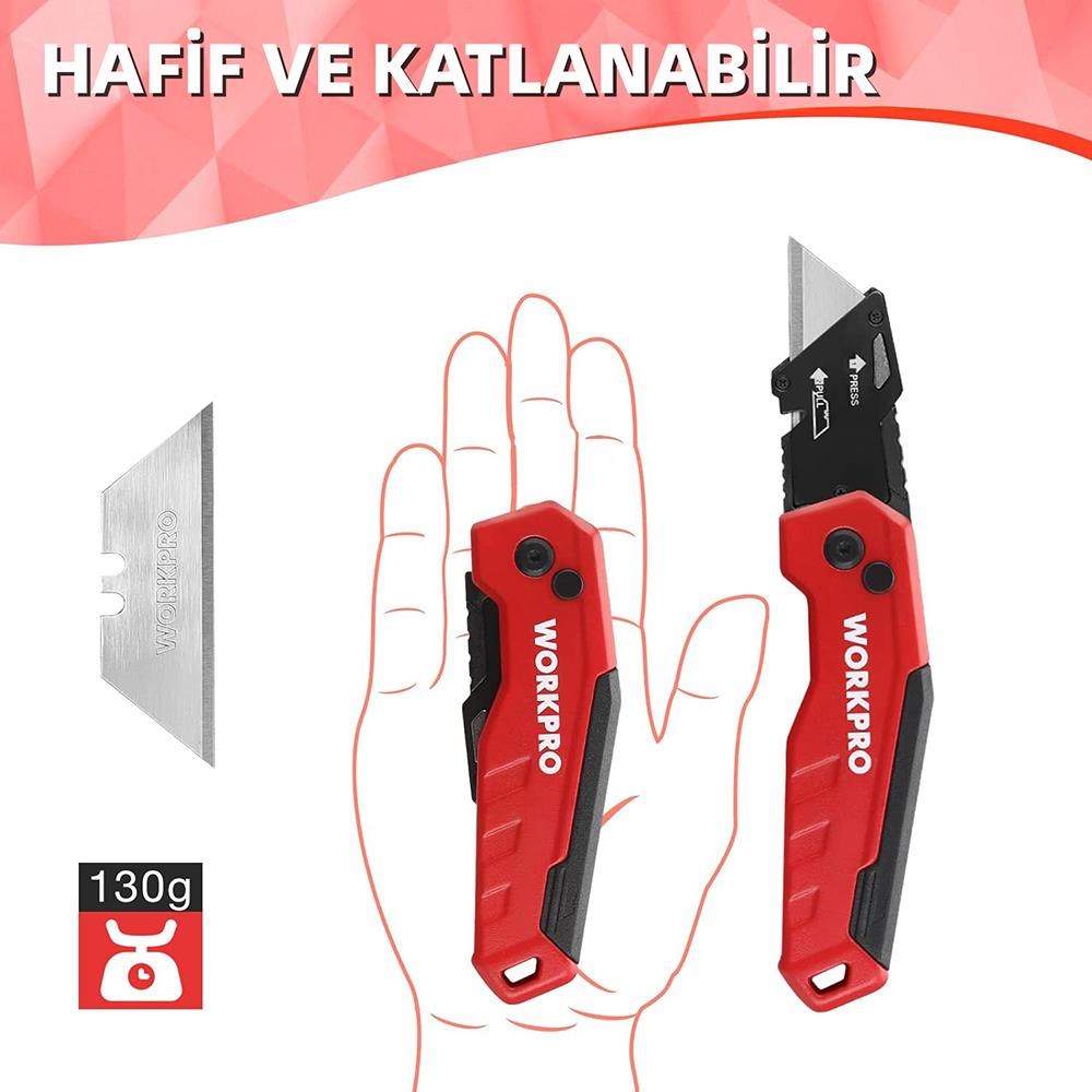 WorkproWORKPRO WP211026 Katlanır Çok Amaçlı Profesyonel Rötuş Maket Bıçağı + 14 Adet Yedek BıçakWP211026
