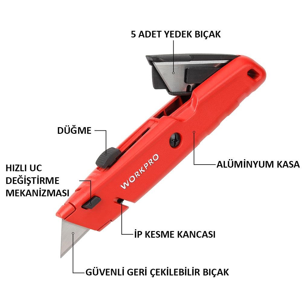 WorkproWORKPRO WP213009 Ağır Hizmet Alüminyum Gövde Geri Çekilebilir Rötuş Maket Bıçağı + 5 Adet Yedek BıçakWP213009