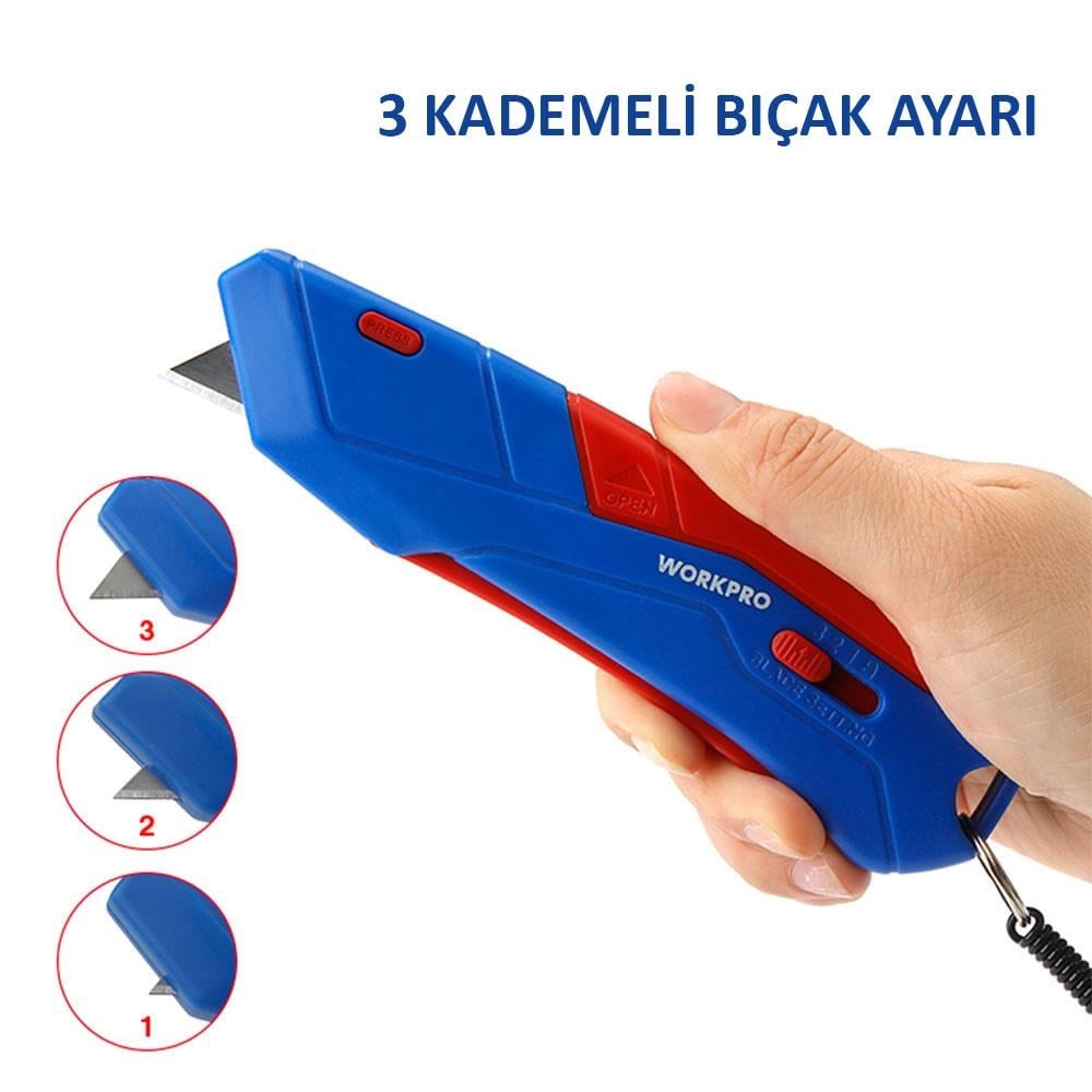 WorkproWORKPRO WP213010 Kemer Askı Kancalı Otomatik Geri Çekilebilir Mandallı Rötuş Maket Bıçağı + 3 Adet Yedek BıçakWP213010