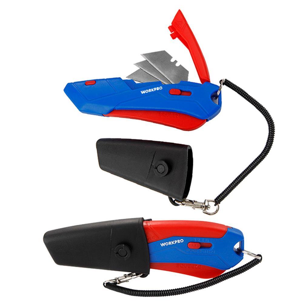 WorkproWORKPRO WP213010 Kemer Askı Kancalı Otomatik Geri Çekilebilir Mandallı Rötuş Maket Bıçağı + 3 Adet Yedek BıçakWP213010