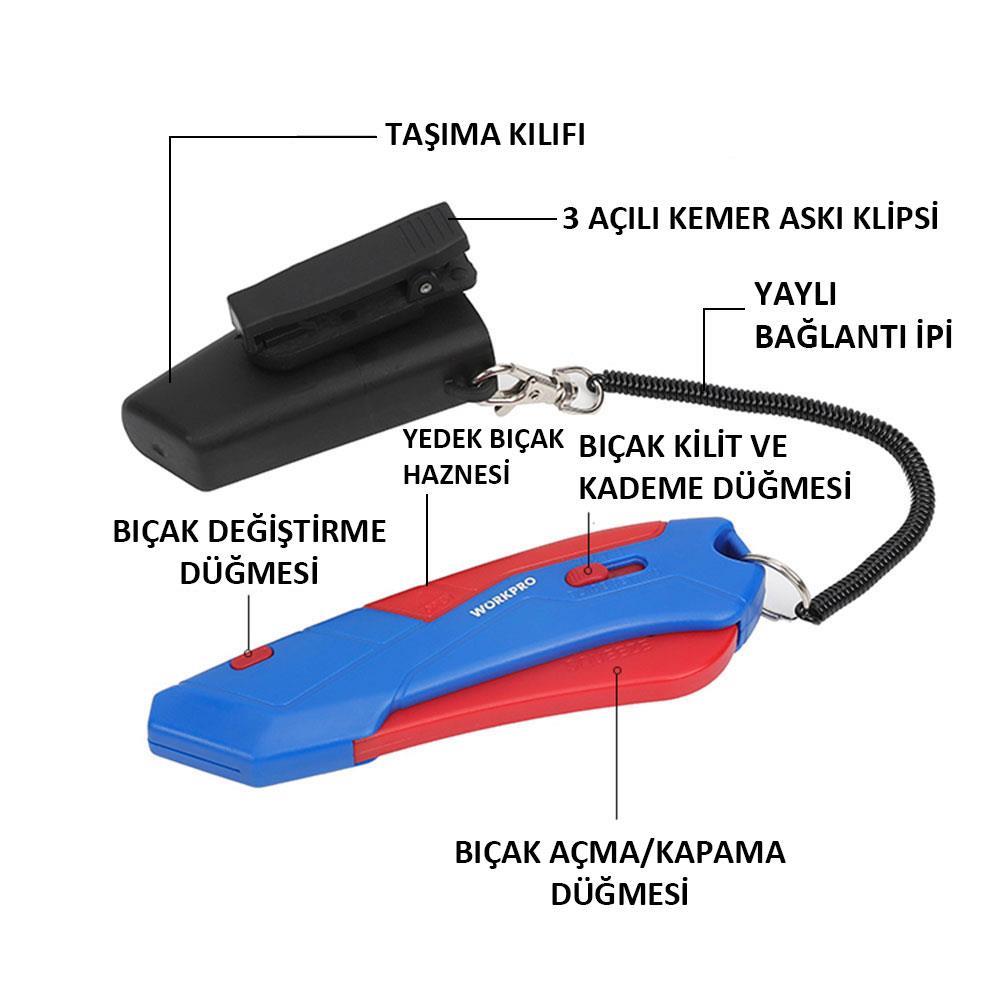 WorkproWORKPRO WP213010 Kemer Askı Kancalı Otomatik Geri Çekilebilir Mandallı Rötuş Maket Bıçağı + 3 Adet Yedek BıçakWP213010