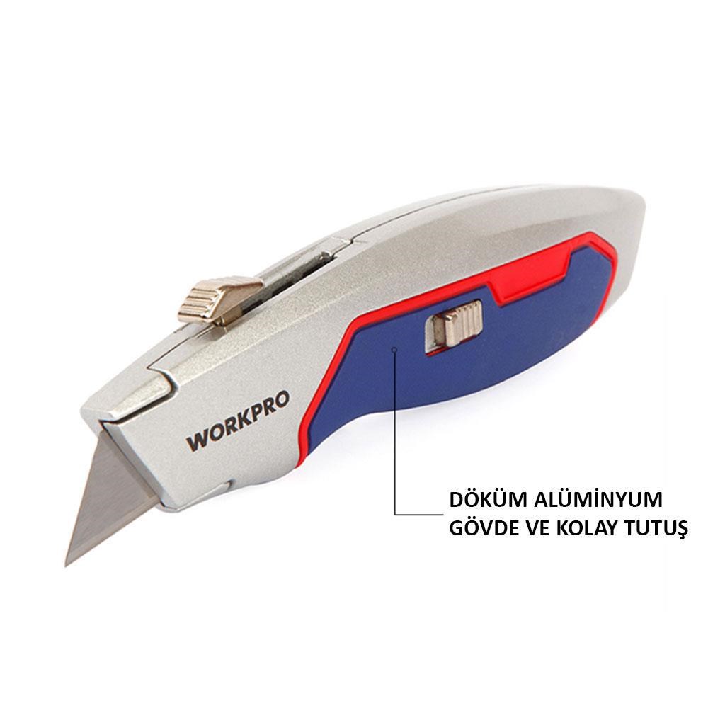 WorkproWORKPRO WP213011 Ağır Hizmet Alüminyum Gövde Geri Çekilebilir Rötuş Maket Bıçağı + 3 Adet Yedek BıçakWP213011