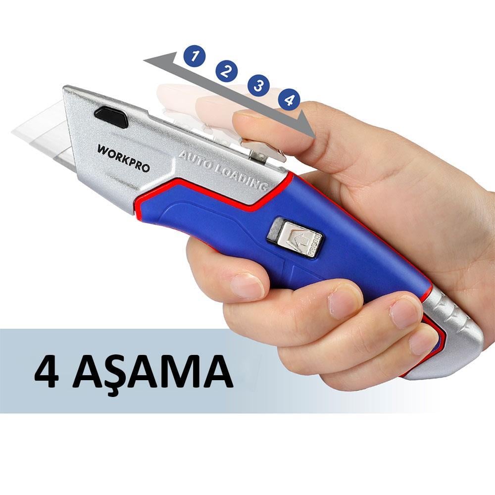 WorkproWORKPRO WP213012 Ağır Hizmet Alüminyum Gövde Geri Çekilebilir Rötuş Maket Bıçağı + 4 Adet Yedek BıçakWP213012