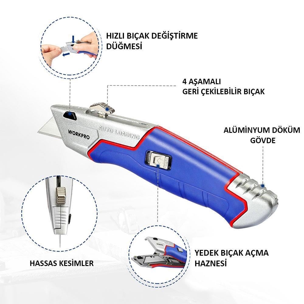 WorkproWORKPRO WP213012 Ağır Hizmet Alüminyum Gövde Geri Çekilebilir Rötuş Maket Bıçağı + 4 Adet Yedek BıçakWP213012