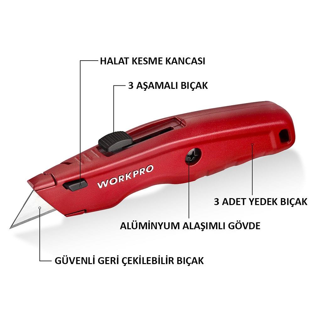 WorkproWORKPRO WP213017 Ağır Hizmet Alüminyum Gövde Geri Çekilebilir Rötuş Maket Bıçağı + 3 Adet Yedek BıçakWP213017