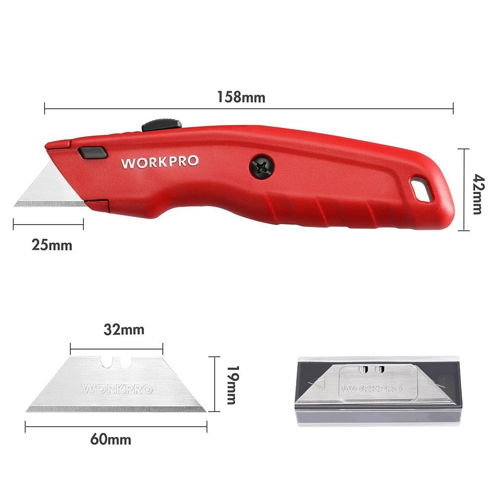 WorkproWORKPRO WP213017 Ağır Hizmet Alüminyum Gövde Geri Çekilebilir Rötuş Maket Bıçağı + 3 Adet Yedek BıçakWP213017