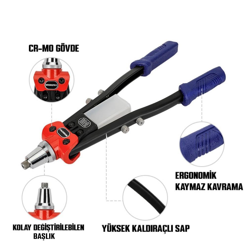 WorkproWORKPRO WP225001 5 IN 1 400mm Kollu Profesyonel Perçin Tabancası + 100 Adet PerçinWP225001