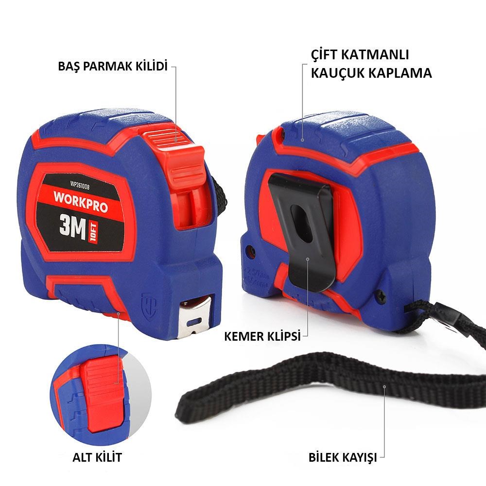 WorkproWORKPRO WP261008 3Mx16mm/10Ft. Naylon Kaplama Sarı Çelik Şerit MetreWP261008