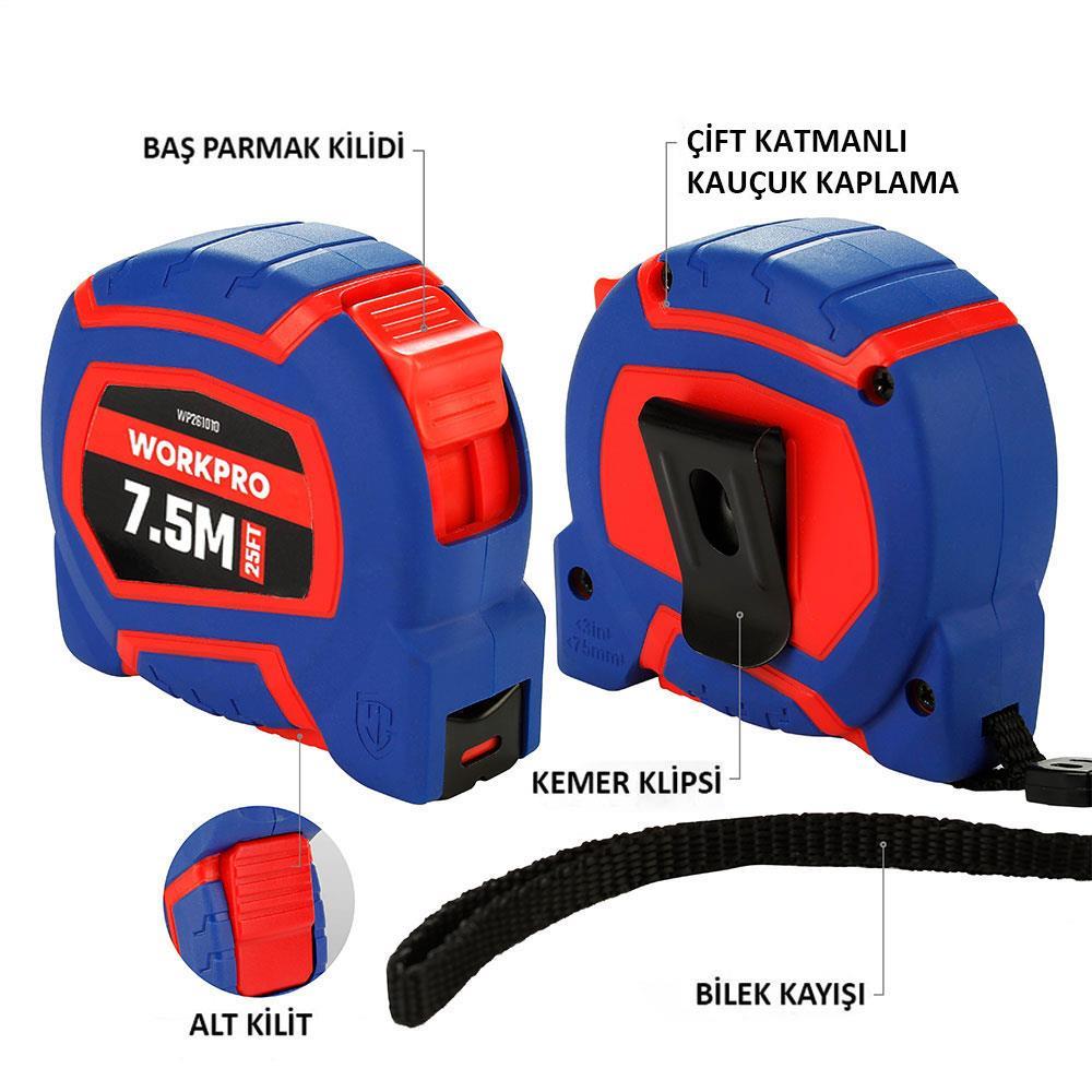 WorkproWORKPRO WP261010 7,5Mx25mm/25Ft. Naylon Kaplama Sarı Çelik Şerit MetreWP261010