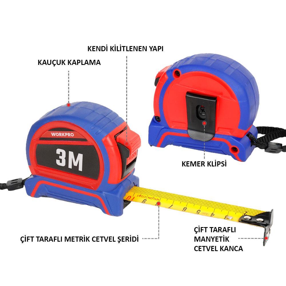 WorkproWORKPRO WP261040 3Mx16mm Naylon Kaplama Sarı Çift Taraflı Manyetik Çelik Şerit MetreWP261040