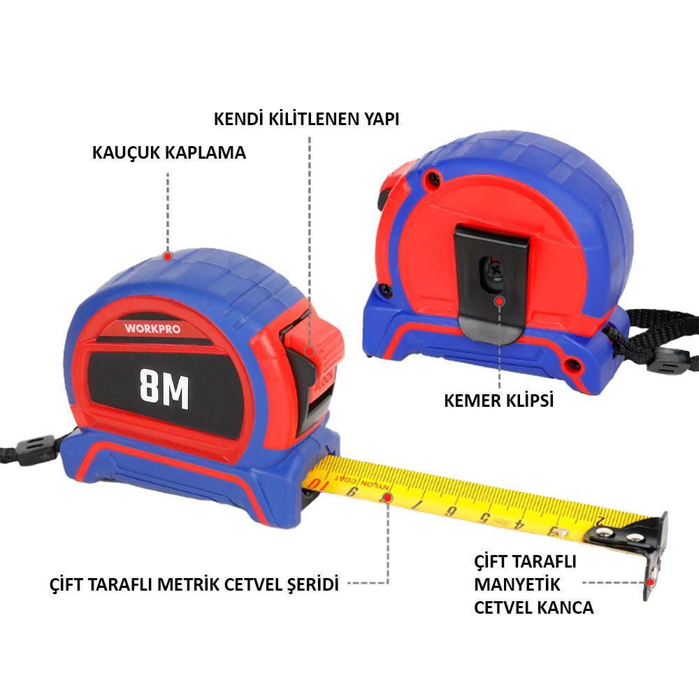 WorkproWORKPRO WP261044 8Mx25mm Naylon Kaplama Sarı Çift Taraflı Manyetik Çelik Şerit MetreWP261044