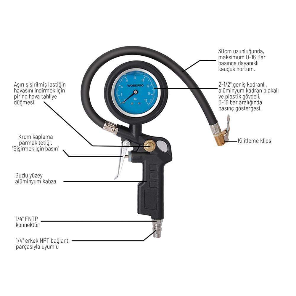 WorkproWORKPRO WP314063 16Bar Yağlı Basınç Göstergeli Profesyonel Havalı Lastik Şişirme TabancasıWP314063
