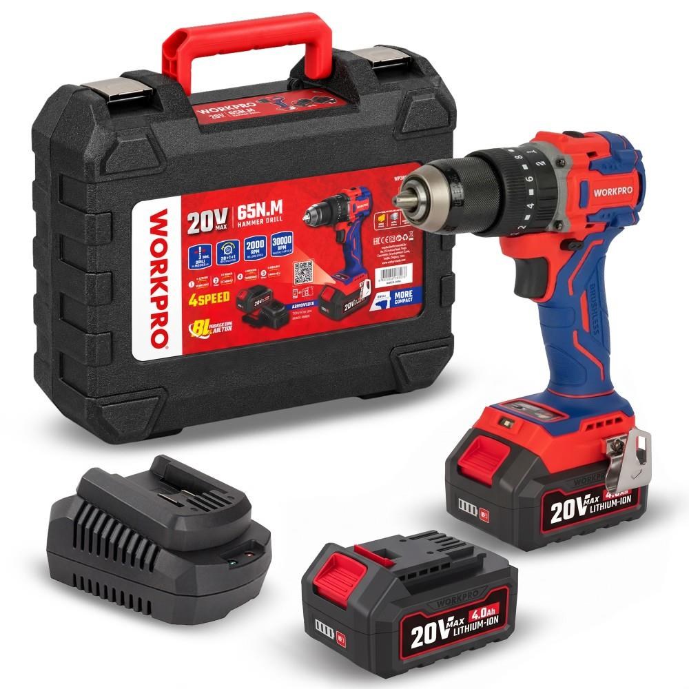 WorkproWORKPRO WP390020 20Volt 4.0Ah Li-ion 65Nm. Çift Akülü Kömürsüz Profesyonel Şarjlı Darbeli MatkapWP390020