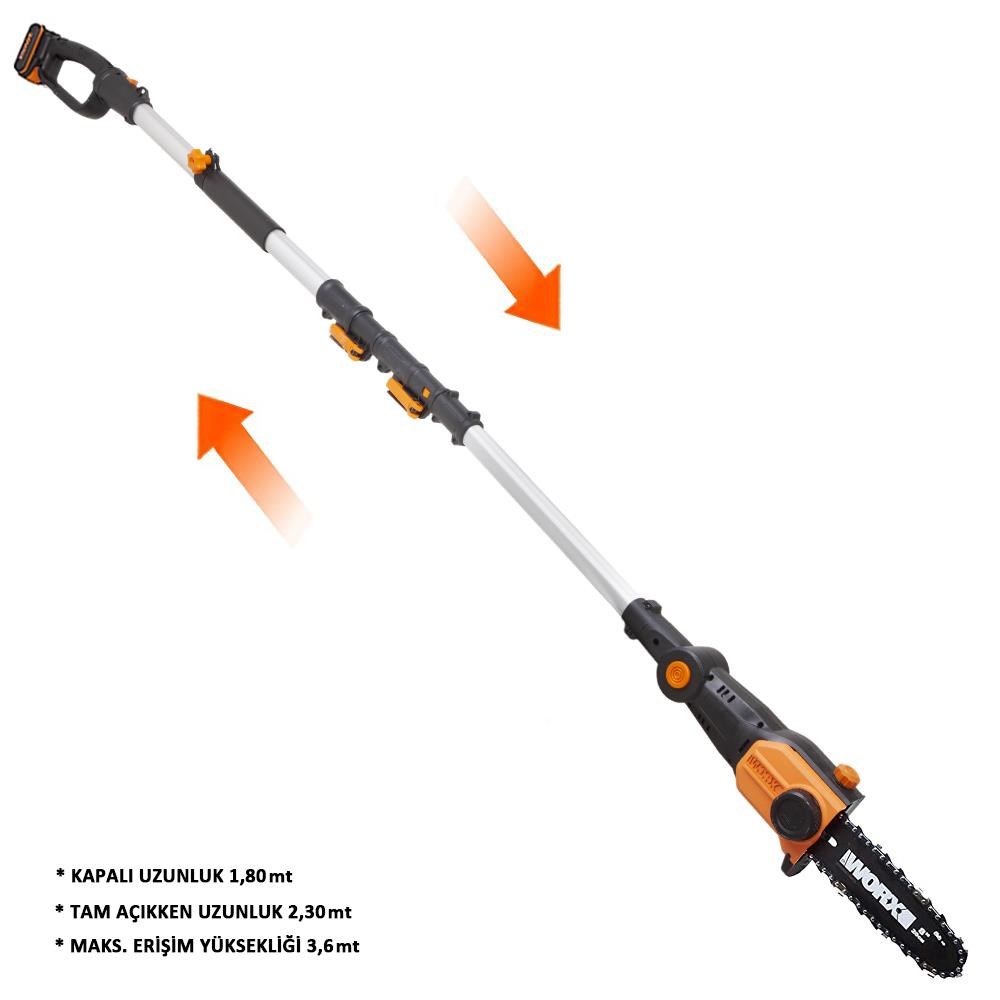 WorxWORX WG349E 20Volt 2.0Ah Li-ion Tek Akülü 20CM Profesyonel Teleskobik Saplı Açı Ayarlı Zincirli Dal BudamaWG349E