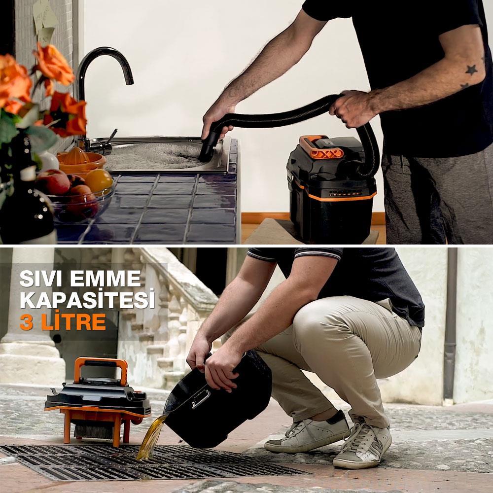 WorxWORX WX031 20Volt 4.0Ah. 200W/16Kpa Li-ion Kömürsüz Flexi Esnek Hortumlu Profesyonel Şarjlı Islak/Kuru Süpürge & ÜflemeWX031
