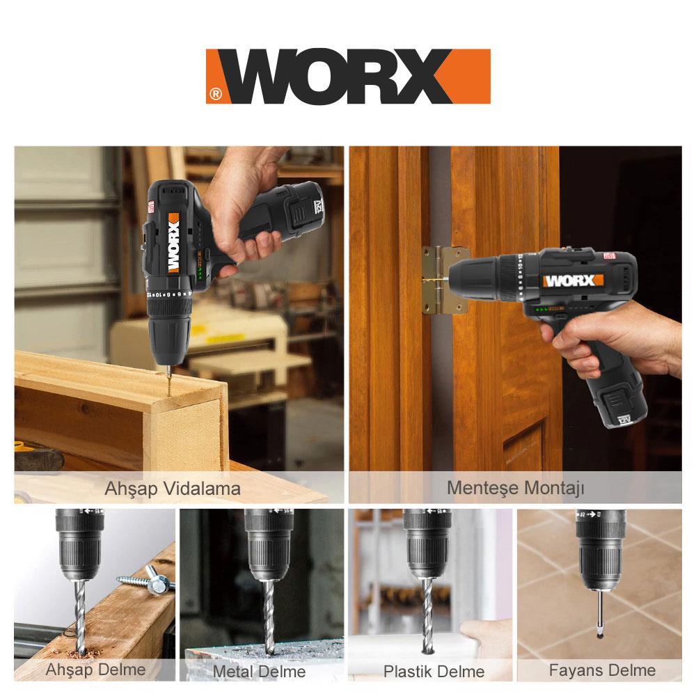 WorxWORX WX121 12Volt/2.0Ah Li-ion Çift Akülü Kömürsüz Profesyonel Şarjlı Darbeli Matkap + 5 Parça AksesuarWX121