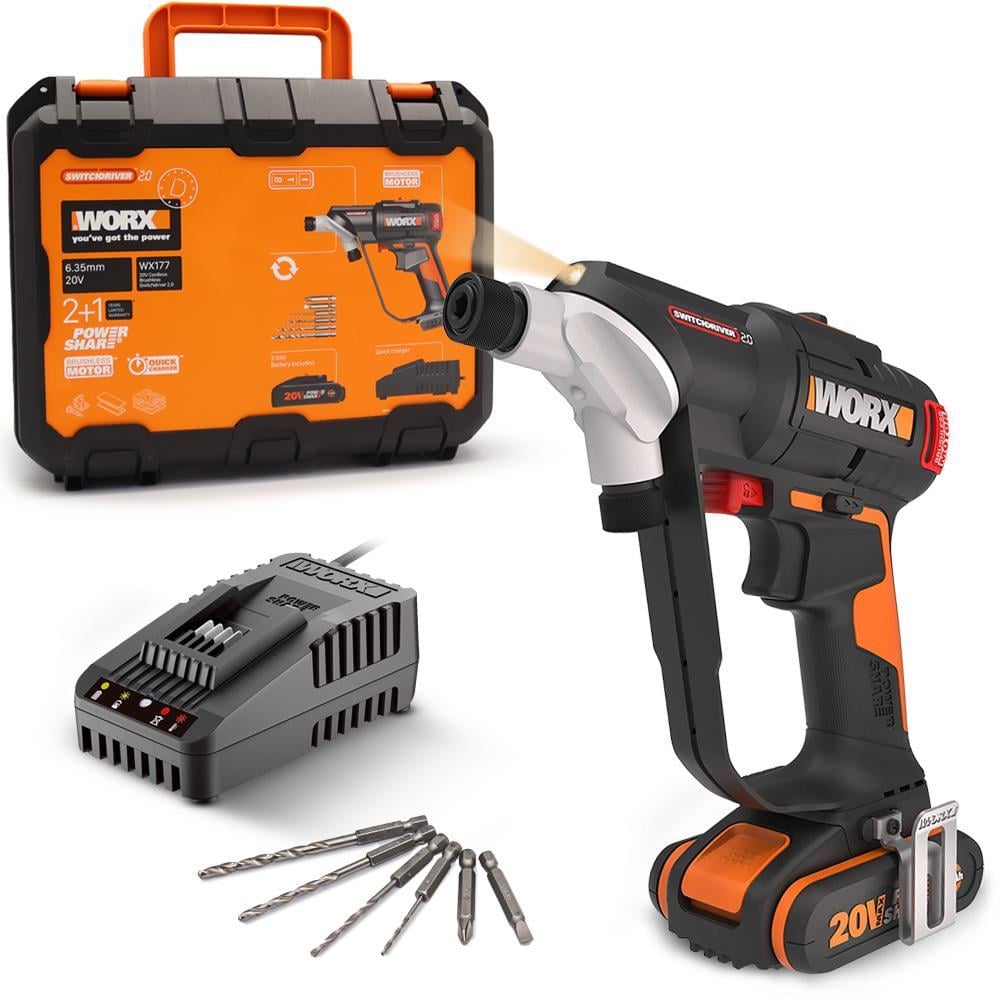 WorxWORX WX177 20Volt/2.0Ah Li-ion Döner Kafa ve Çift Mandrenli Profesyonel Kömürsüz Şarjlı Matkap + 6 Parça UçWX177