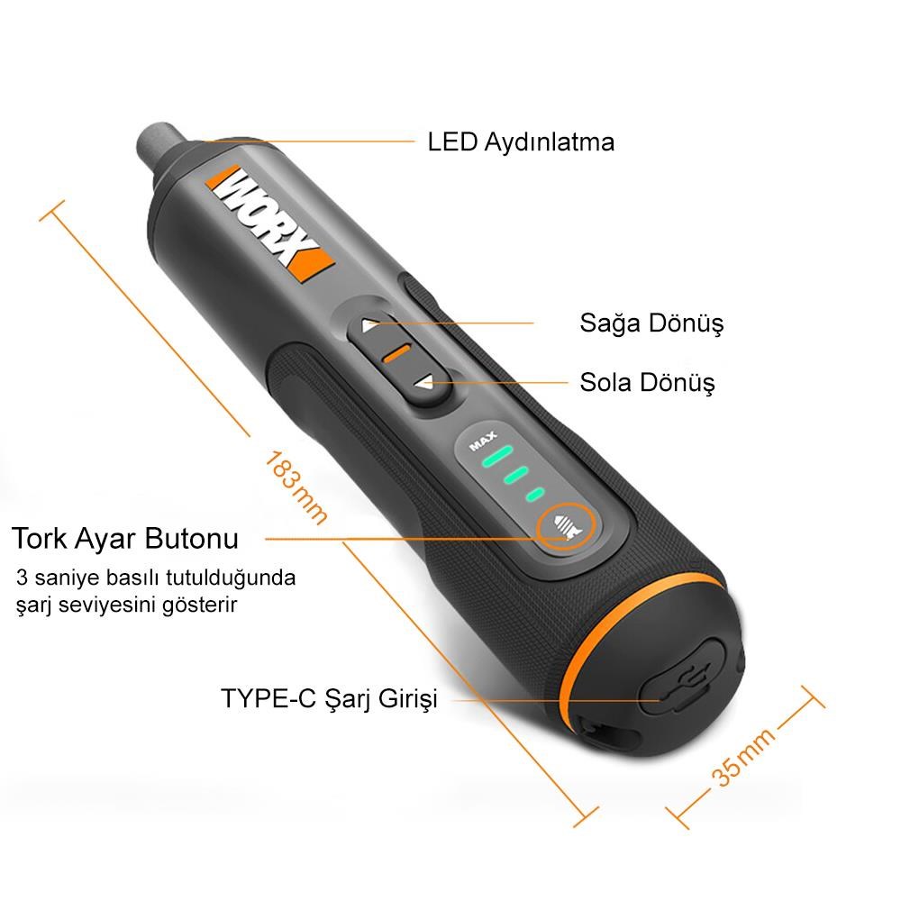 WorxWORX WX240 4Volt/1.5Ah. Li-ion Akıllı Şarjlı Tornavida + 26 adet Bits UçWX240