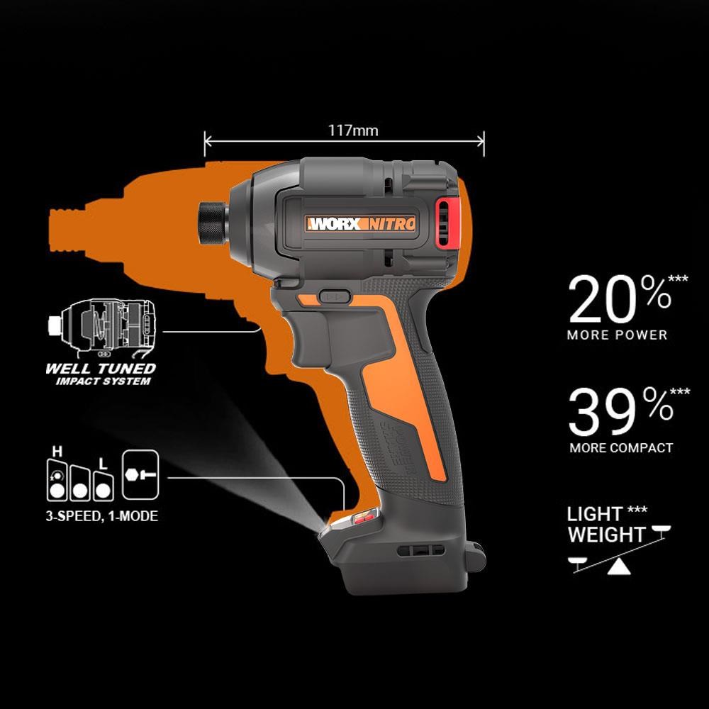 WorxWORX WX265 20Volt 2.0Ah Li-ion Çift Akülü 200Nm Kömürsüz Profesyonel Şarjlı Darbeli TornavidaWX265