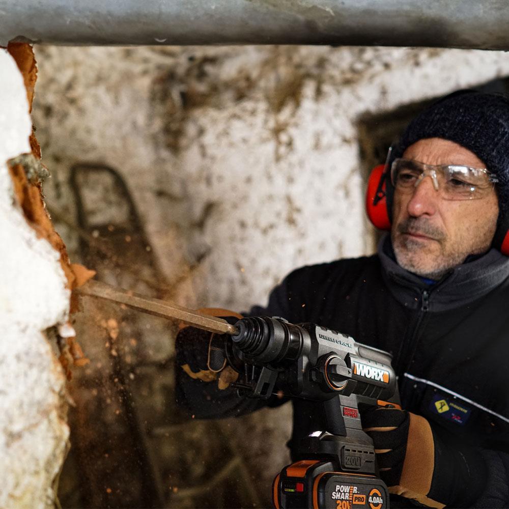 WorxWORX WX381 20Volt 4.0Ah. 2J Li-ion Tek Akülü Profesyonel SDS-Plus Pnömatik Kırıcı/Delici + 3 Parça Delme UcuWX381