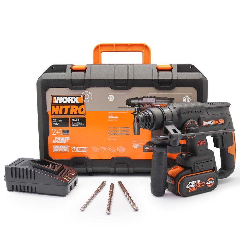 WorxWORX WX381 20Volt 4.0Ah. 2J Li-ion Tek Akülü Profesyonel SDS-Plus Pnömatik Kırıcı/Delici + 3 Parça Delme UcuWX381