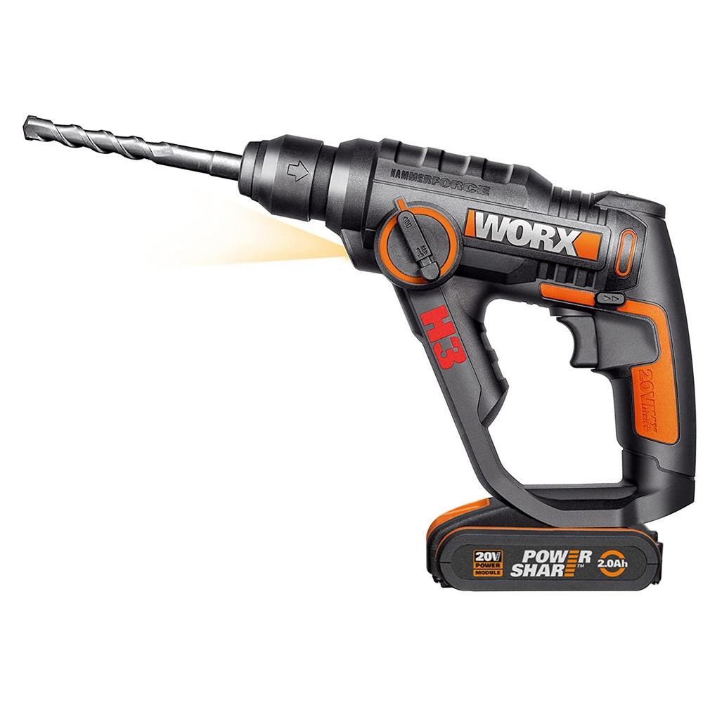 WorxWORX WX390.1 20Volt 2.0Ah. Li-ion 1.2J Profesyonel SDS-Plus Pnömatik Çift Akülü Şarjlı Matkap + 8 Adet Uç + MandrenWX390.1