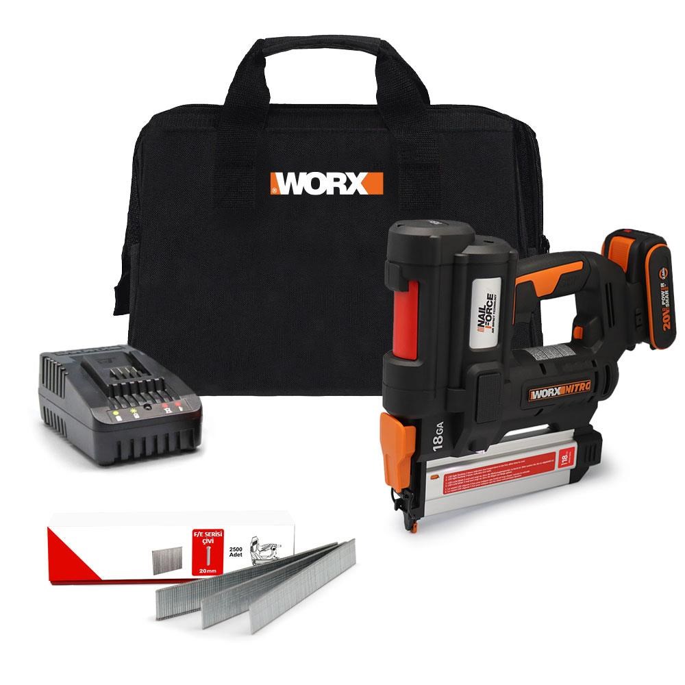 WorxWORX WX842 20Volt/2.0Ah Li-ion 15-50mm Profesyonel Şarjlı Çivi Çakma Makinesi + 2700 Adet Yedek ÇiviWX842