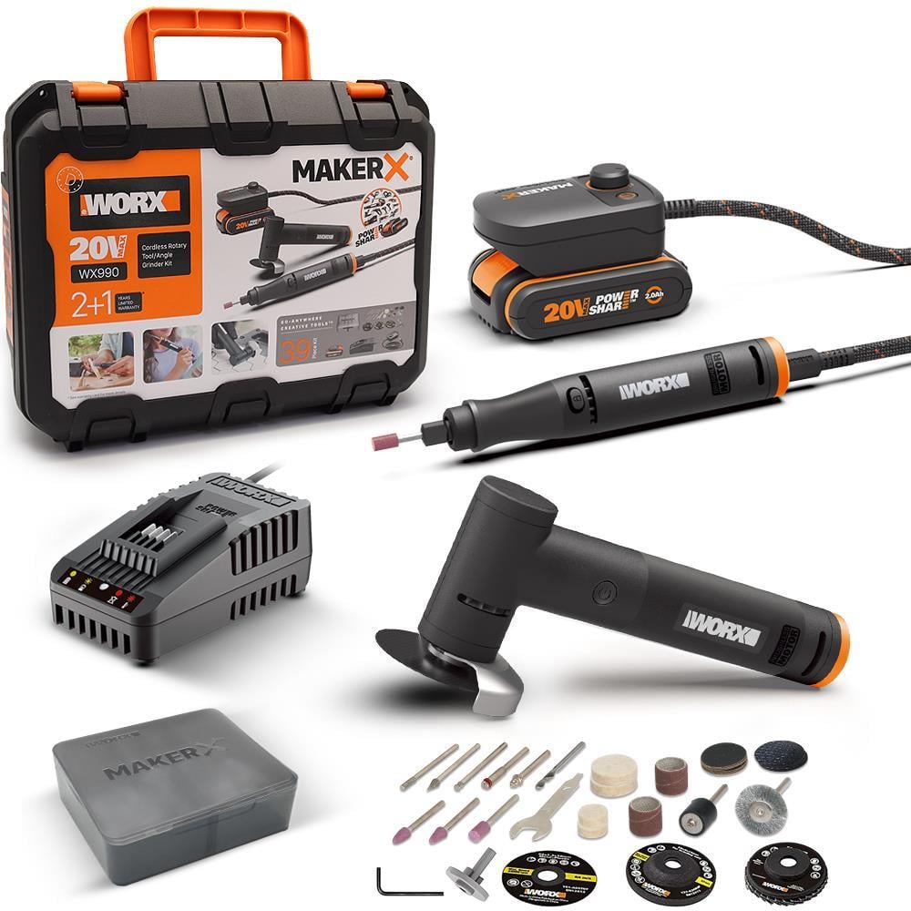 WorxWORX WX990 MAKERX 20Volt 2.0Ah. Kömürsüz Profesyonel Gravür + 50MM Açılı Avuç Taşlama Kombo Set + 39 Parça aksesuarWX990
