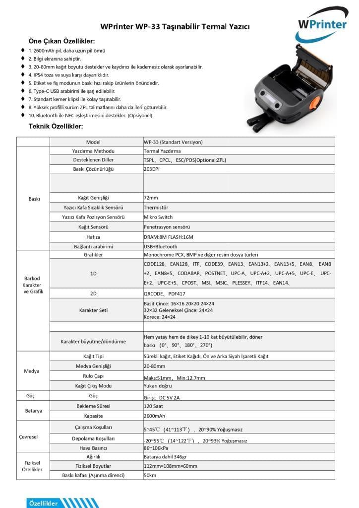 WPrinterWPrinter WP-34 Taşınabilir Termal Yazıcı Usb - BluetoothWP-34