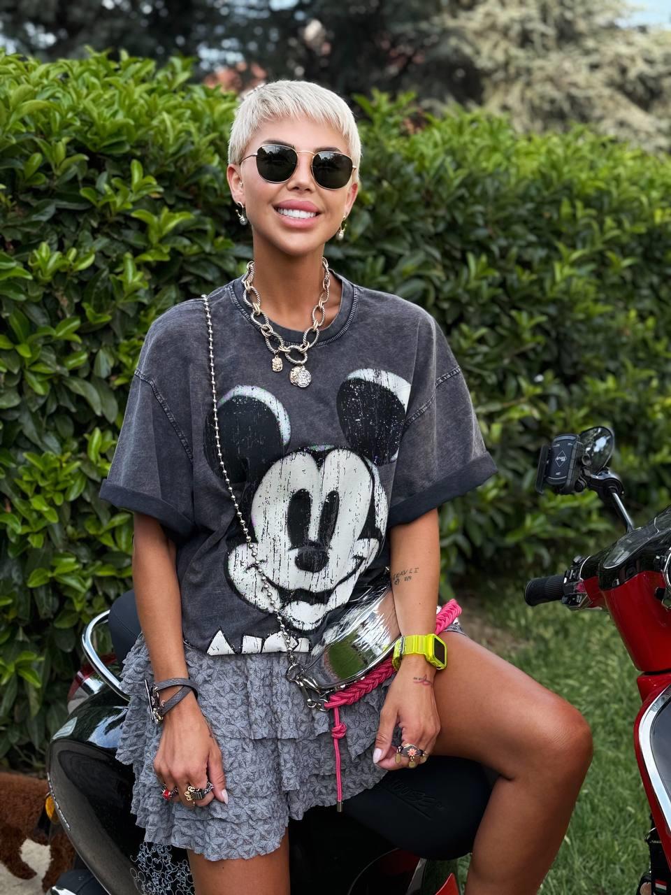 ANTRASİT ESKİTME BASKI MICKEY TSHIRT 