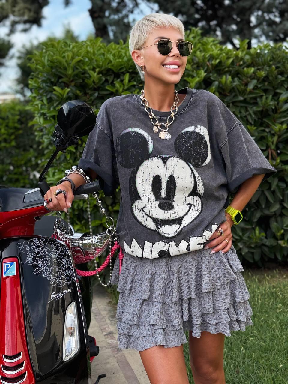 ANTRASİT ESKİTME BASKI MICKEY TSHIRT 