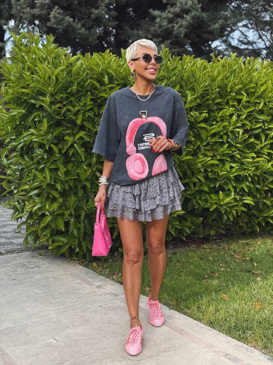 ANTRASİT KULAKLIK BASKILI OVERSIZE TSHIRT