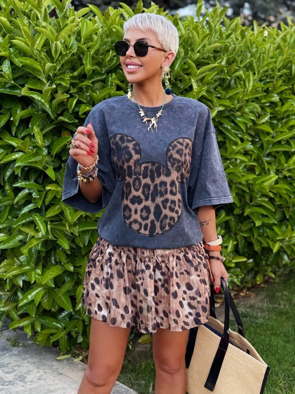 ANTRASİT LEOPAR MICKEY BASKILI OVERSIZE TSHIRT