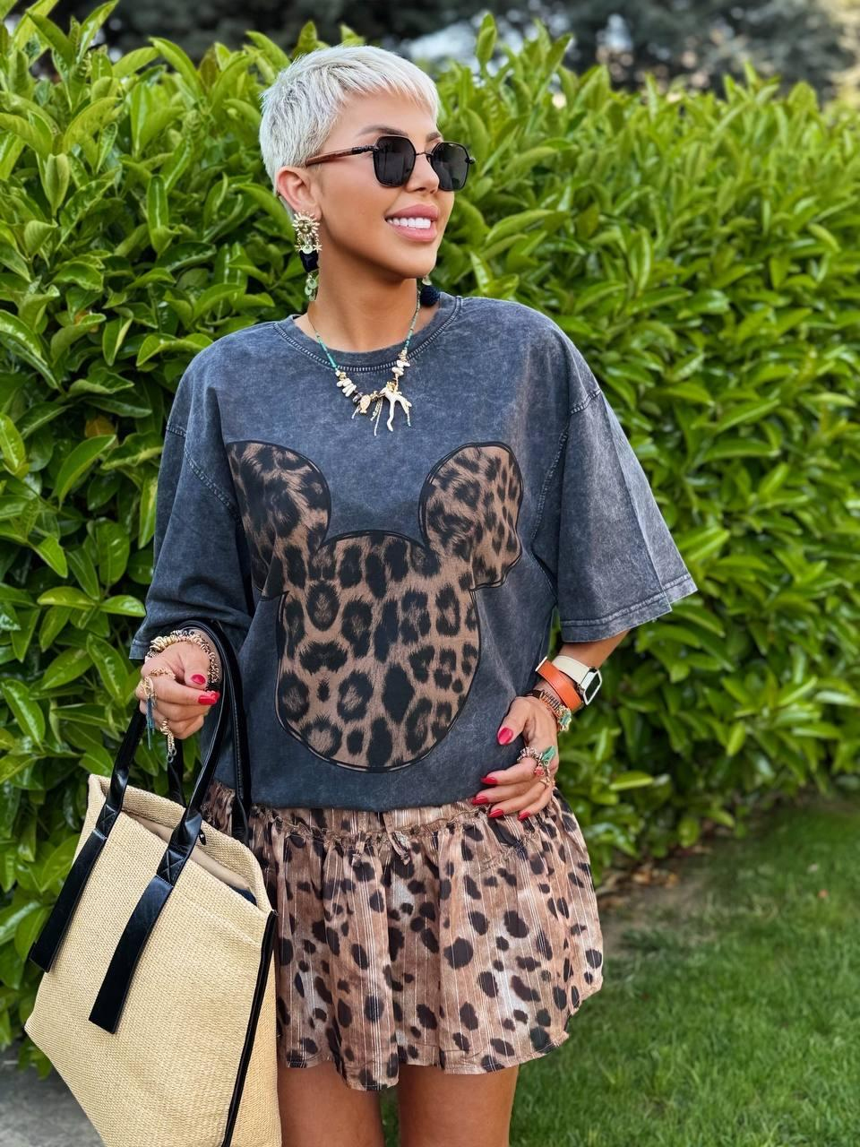 ANTRASİT LEOPAR MICKEY BASKILI OVERSIZE TSHIRT