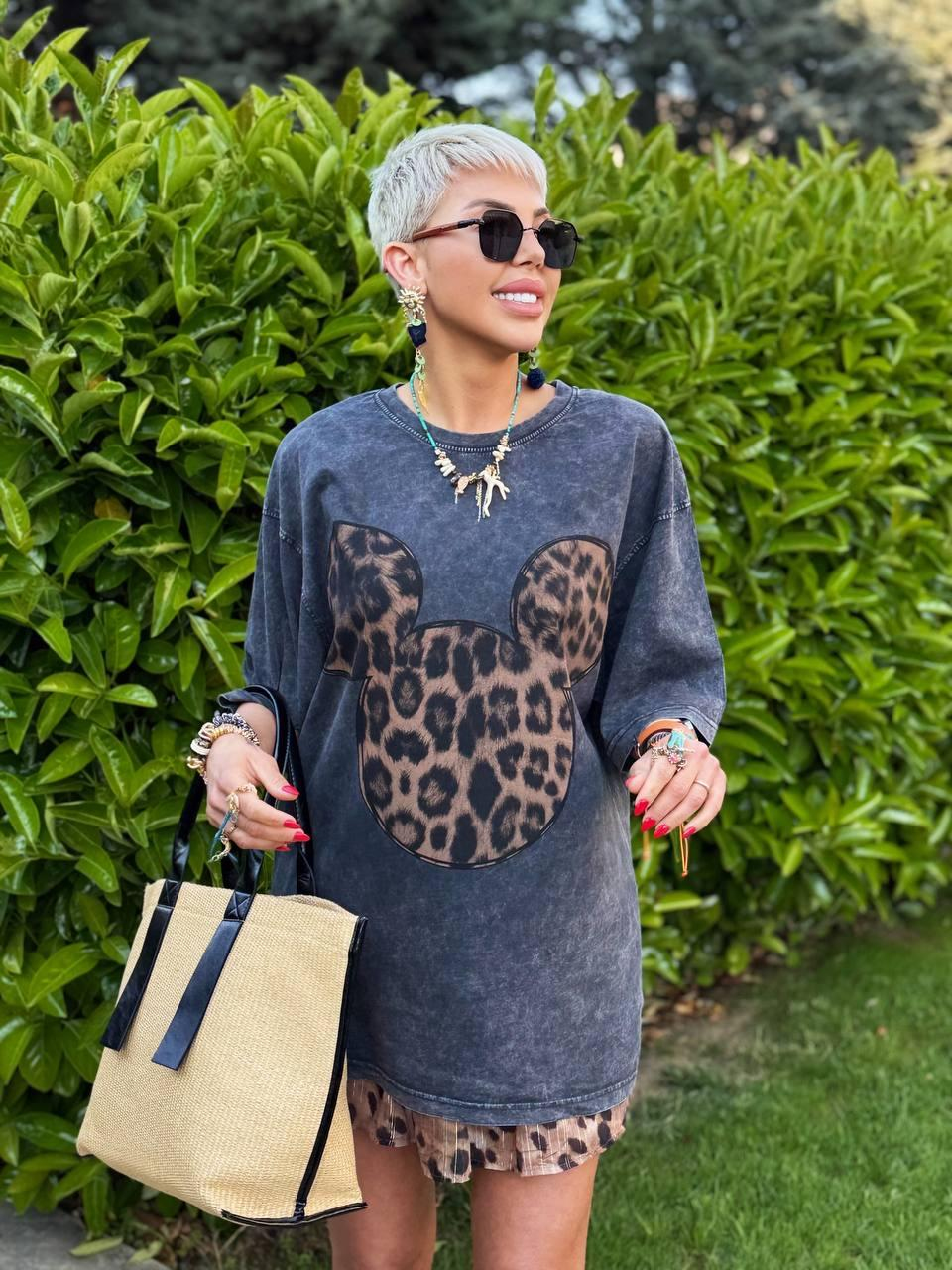 ANTRASİT LEOPAR MICKEY BASKILI OVERSIZE TSHIRT