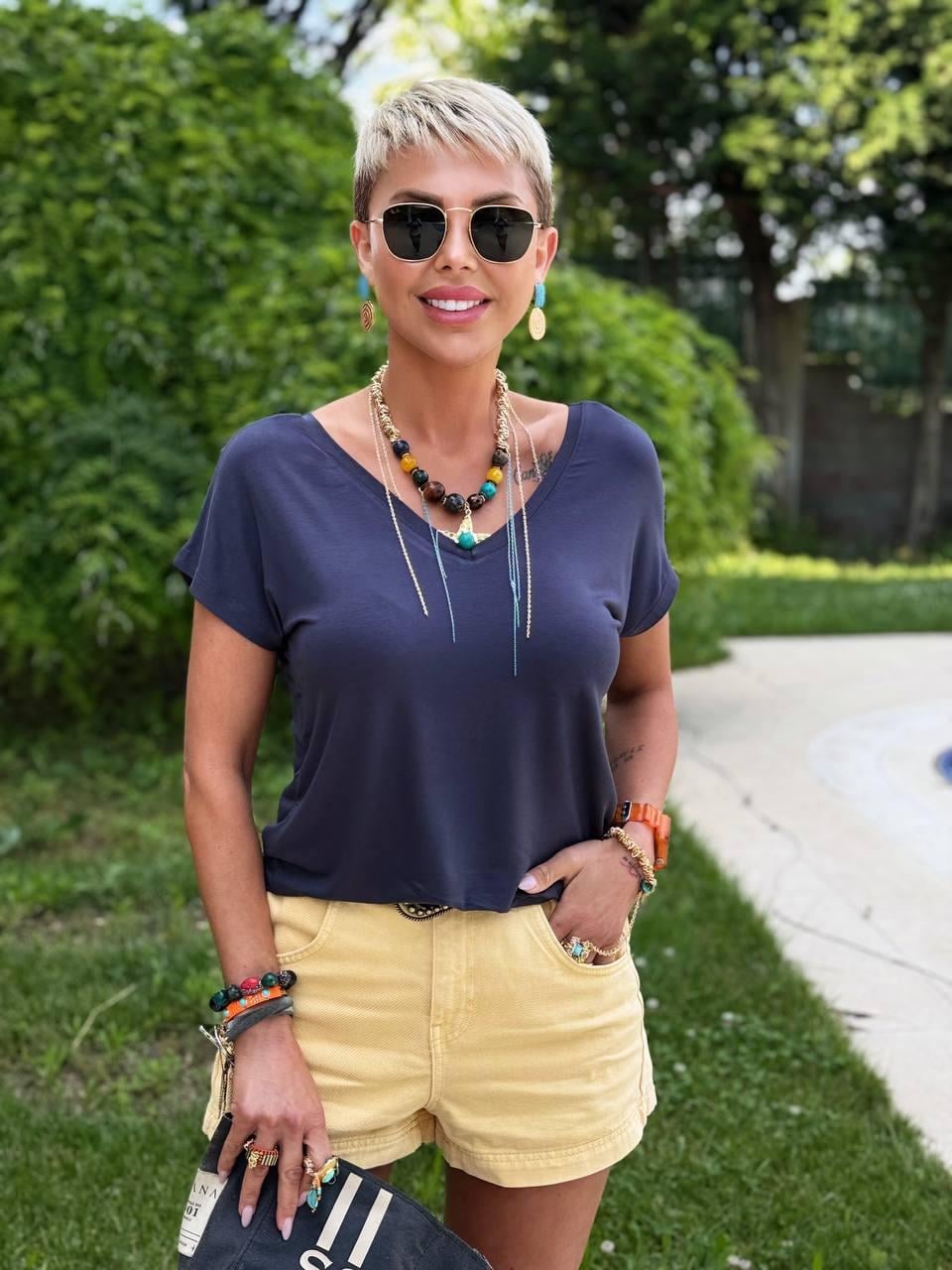 ANTRASİT SS STUDIO ÖN ARKA V YAKA MODAL TSHIRT