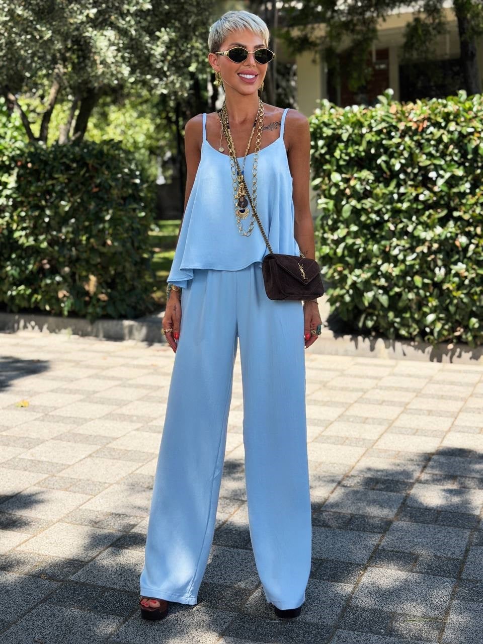 Ayarlanabilir Askılı Bluz Pantolon Takım - Bebe Mavi