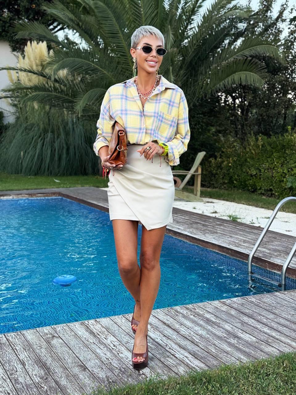 BEJ RENGİ ASİMETRİK ZARF DERİ ETEK