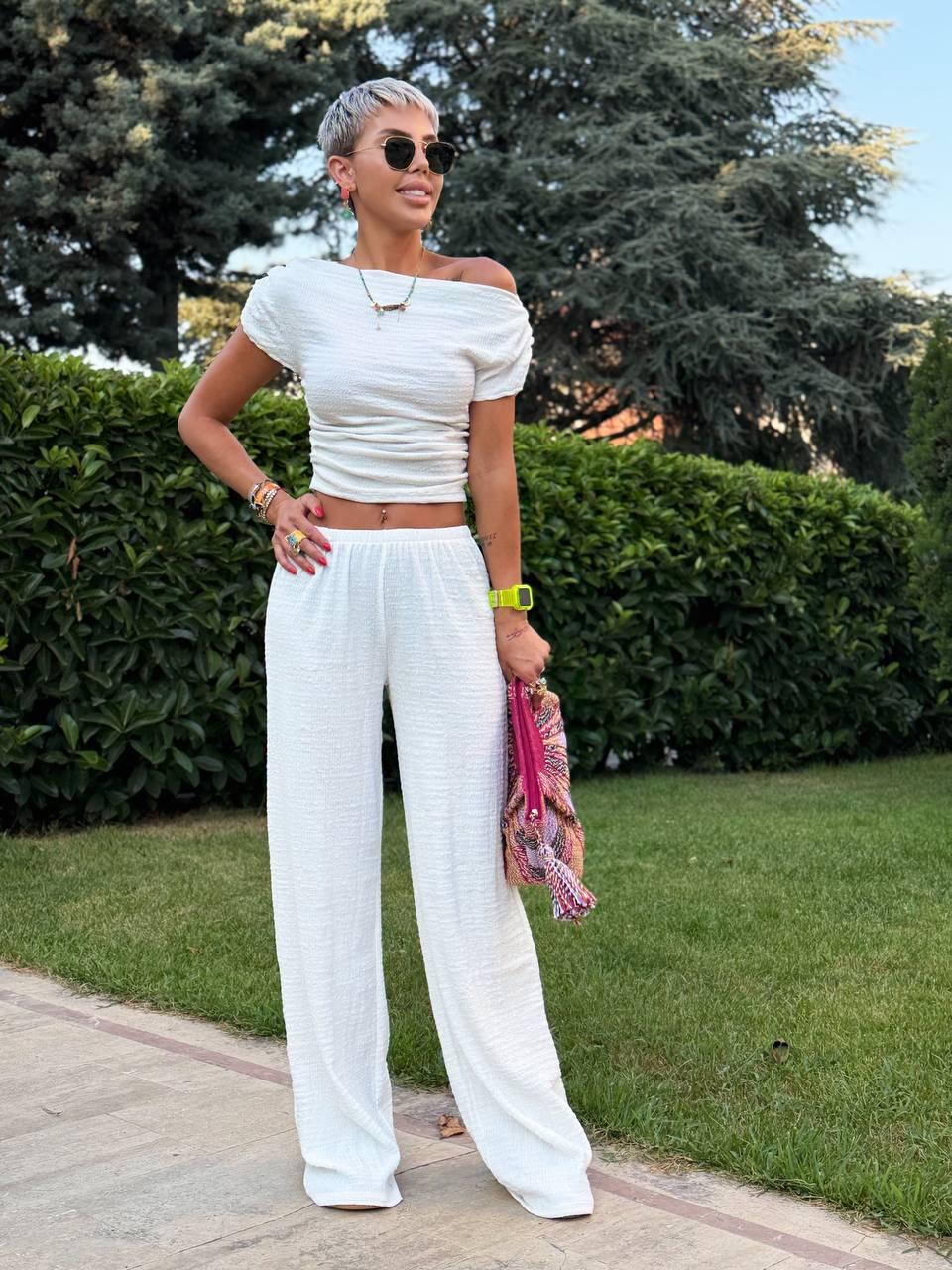 BEYAZ GOFRE BLUZ PANTOLON TAKIM