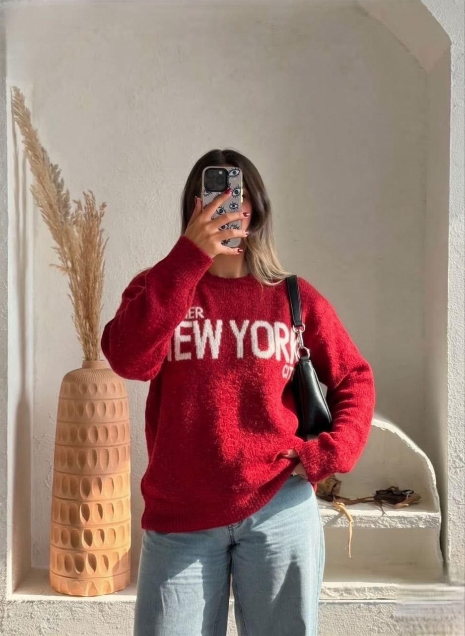 Bisiklet Yaka Newyork Kazak Kırmızı