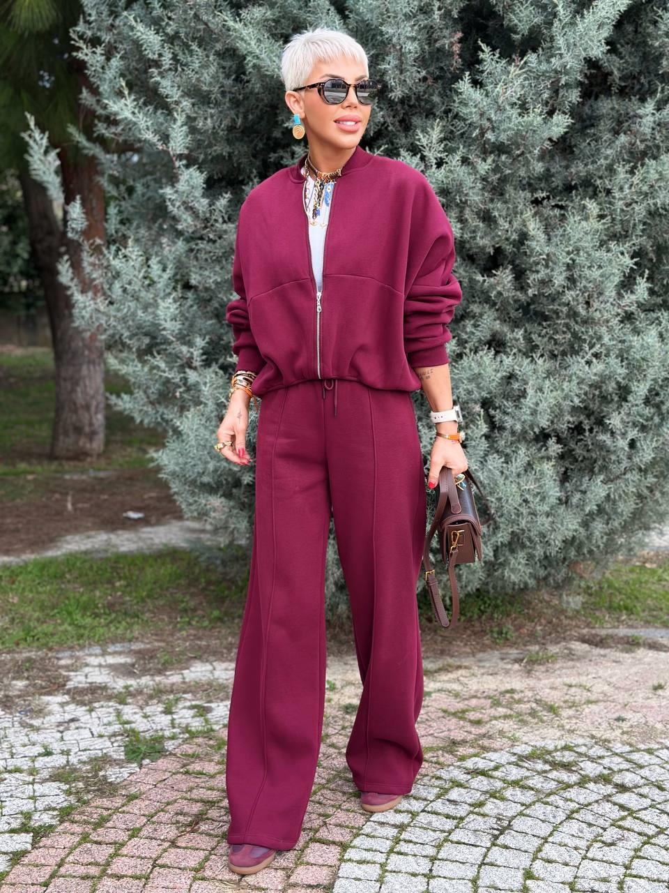 BORDO FERMUARLI SWEATSHIRT PAMUKLU EŞOFMAN TAKIM