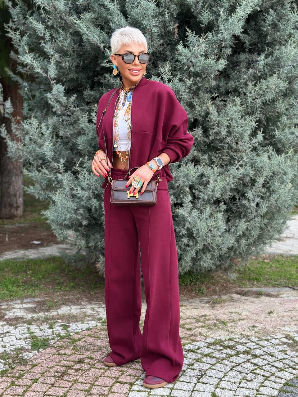 BORDO FERMUARLI SWEATSHIRT PAMUKLU EŞOFMAN TAKIM