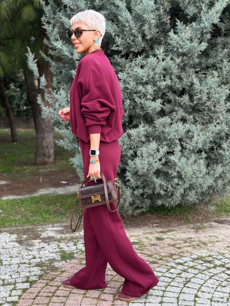 BORDO FERMUARLI SWEATSHIRT PAMUKLU EŞOFMAN TAKIM