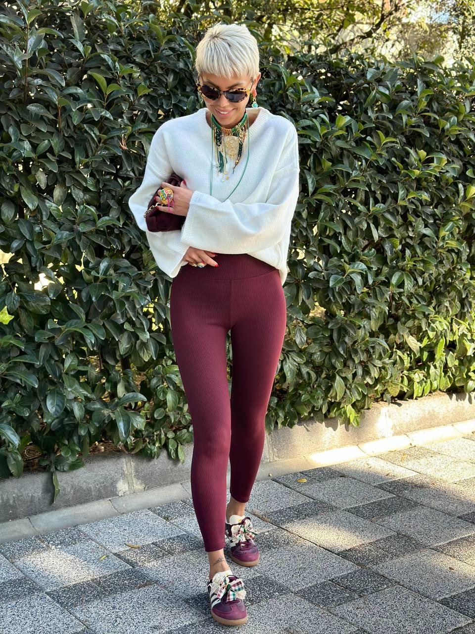 BURGUNDY RIBBED HIGH-WAIST LEGGINGS