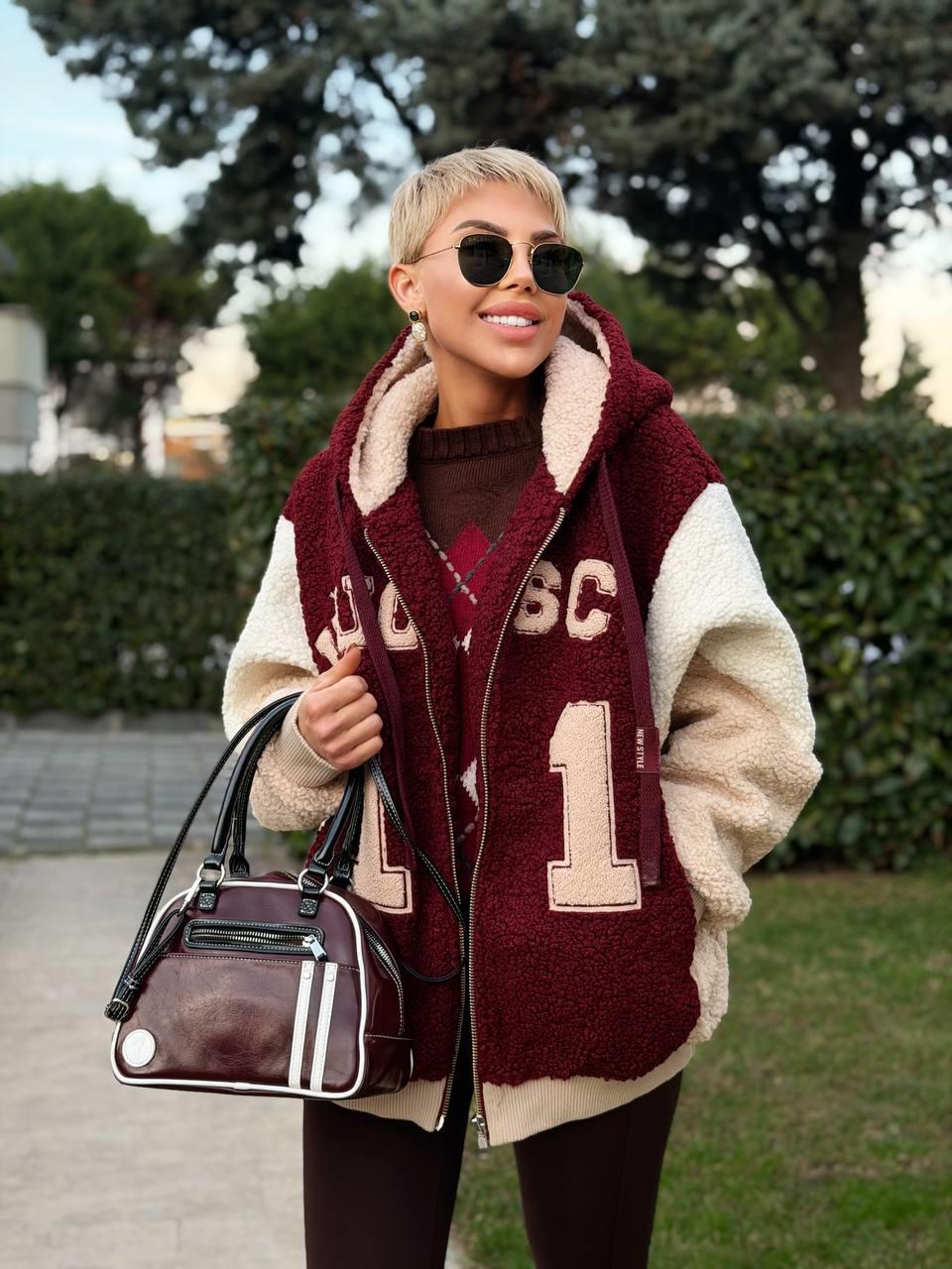 BORDO KAPÜŞONLU COLLAGE TEDDY MONT