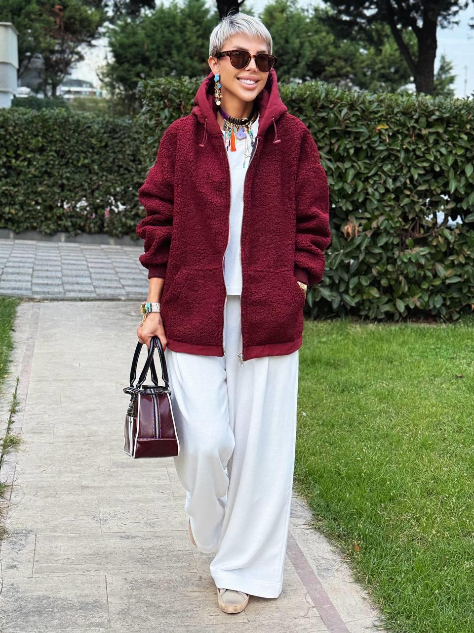 BORDO KAPÜŞONLU TEDDY MONT