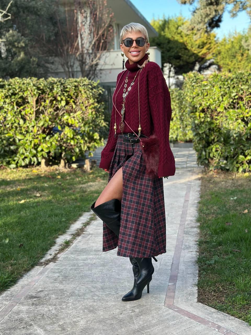 BORDO KEMER DETAYLI EKOSELİ ETEK