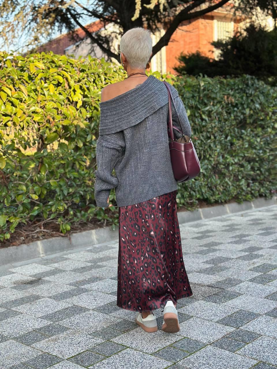 BORDO LEOPAR DESEN SATEN MİDİ ETEK