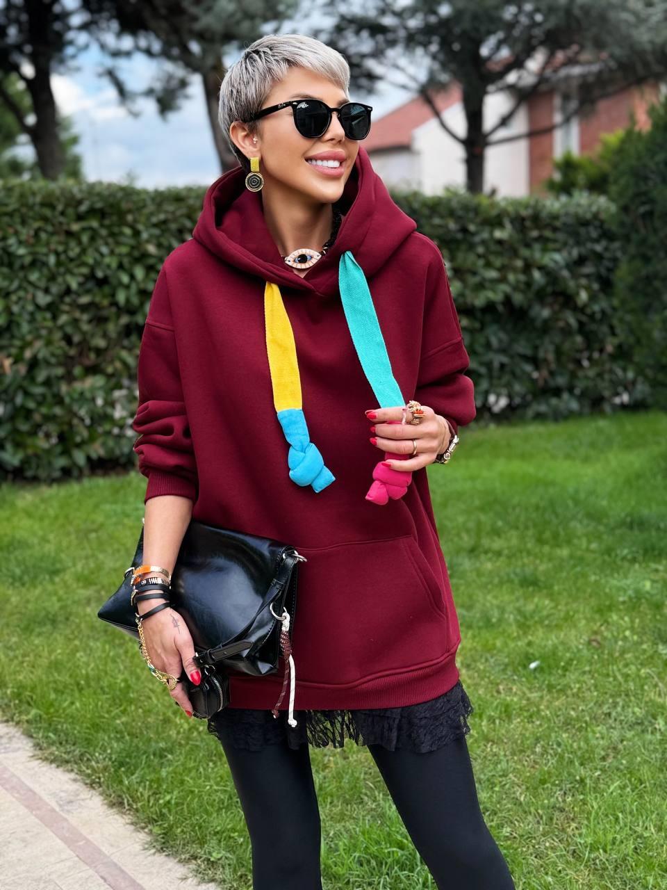 BORDO S.STUDIO RENKLİ İPLİ HOODIE