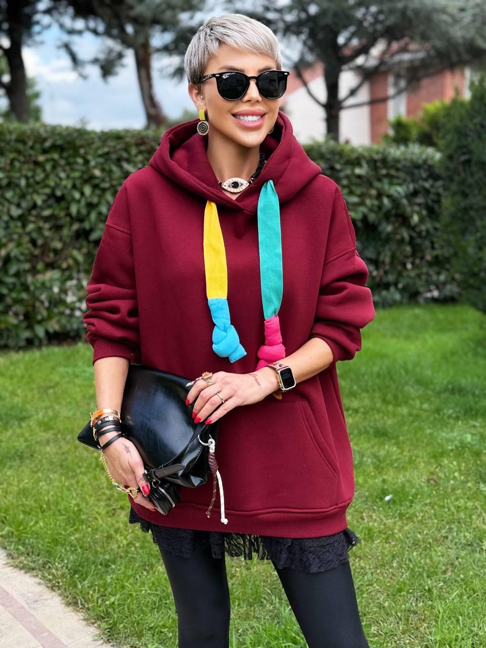 BORDO S.STUDIO RENKLİ İPLİ HOODIE